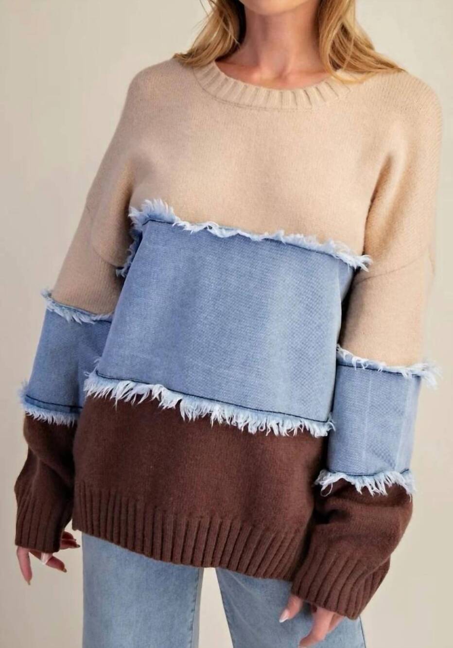 NEW EASEL denim colorblock mix sweater in blue/brown